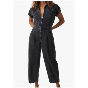 We The Free Jumpsuit Free People Marla Trouser Black Iron Barrel Leg Denim Sz XS